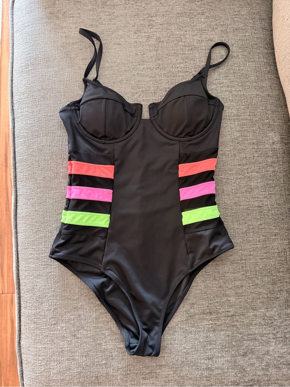 VETCHY Black One-Piece Swimsuit with Neon Stripe Accents